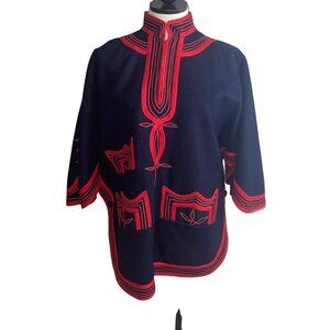 Vintage Womens Poncho One Size Blue Guatemalan Cape Pockets Casual Wool